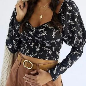 Anthropologie  Sweetheart Top Puff Sleeve Blouse Black Floral Size Xxs